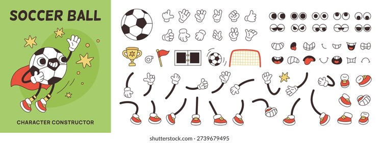 Soccer ball character constructor. Groovy sport mascot with smiling face, creation kit, different poses and expressions, arms and legs, happy faces, various gestures garish vector cartoon isolated set