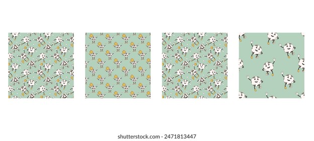 Soccer ball characters seamless patterns collection. Football retro cartoon endless backgrounds set. Groovy mascot repeat cover. Sport championship with cup and medal. Vector flat illustration.