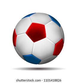 Soccer ball in color of russian flag Isolated on white background. 3D vector Illustration.