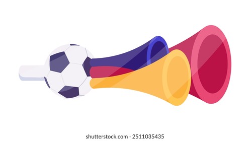 Bola de futebol e vuvuzelas coloridas ilustração vetor plana retratando equipamentos esportivos populares vuvuzelas vibrantes usadas pelos fãs para celebrar gols em partidas de futebol