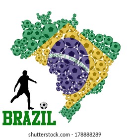 Soccer ball composed in the shape of Brazil map on white background, vector illustration