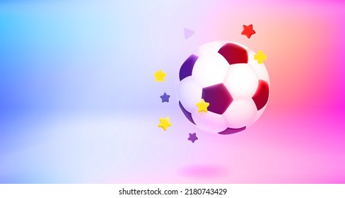 Balón de fútbol con confeti. Banner vectorial 3d con espacio de copia