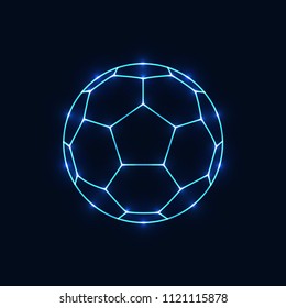 A soccer ball consists of luminous dots. Vector illustration of a starry sky. The construction of the light connection.