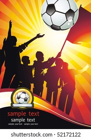 Soccer ball with crowd silhouettes of sport fans. Vector Football background with space for text.