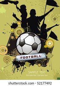 Soccer ball with crowd silhouettes of sport fans. Vector Football background with space for text.