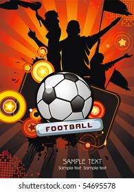 Soccer ball with crowd silhouettes of sport fans. Vector Football background with space for text