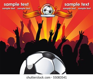 Soccer ball with crowd silhouettes of sport fans. Vector Football background with space for text.