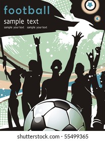 Soccer ball with crowd silhouettes of sport fans. Vector Football background with space for text.