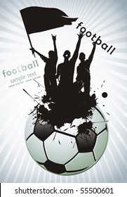 Soccer ball with crowd silhouettes of sport fans. Vector Football background with space for text.