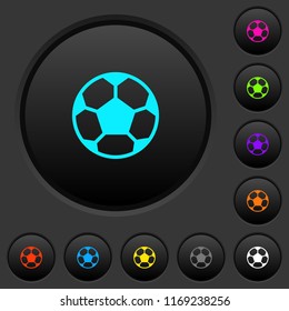 Soccer ball dark push buttons with vivid color icons on dark grey background