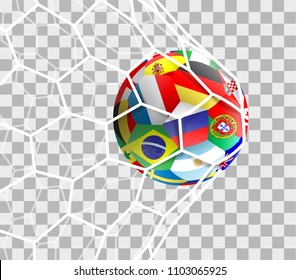 Soccer ball with different national flags in the goal net isolated