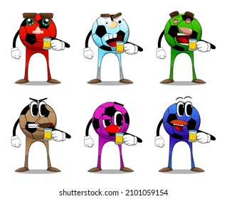 Soccer ball drinking beer. Traditional football ball as a cartoon character with face.