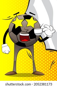 Soccer ball drinking coffee. Traditional football ball as a cartoon character with face.