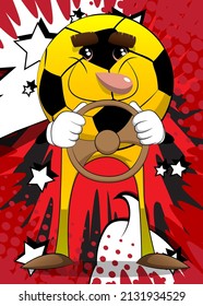 Soccer ball driving, holding a steering wheel. Traditional football ball as a cartoon character with face.