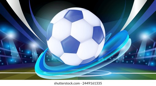 Soccer ball with dynamic blue swirls on an abstract stadium background, illustrating sports energy and excitement. Vector illustration