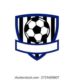 Emblema de balón de fútbol con un diseño de balón clásico dentro de un escudo rayado, proporcionando un símbolo versátil para clubes deportivos, competiciones y proyectos de marca de equipo con un Anuncio personalizable