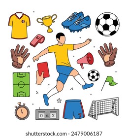 Soccer ball equipments doodle set vector illustration