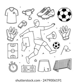 Soccer ball equipments doodle set vector illustration