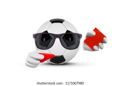 Soccer Ball Faceless Cartoon Mascot Character Referees Pointing And Showing Red Card. Vector Illustration Isolated On White Background.