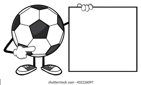 Soccer Ball Faceless Cartoon Mascot Character Pointing To A Blank Sign. Vector Illustration Isolated On White Background