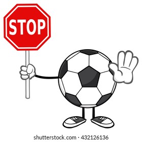 Soccer Ball Faceless Cartoon Mascot Character Gesturing And Holding A Stop Sign. Vector Illustration Isolated On White Background