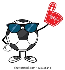 Soccer Ball Faceless Cartoon Mascot Character With Sunglasses Wearing A Foam Finger. Vector Illustration Isolated On White Background