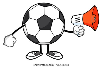 Soccer Ball Faceless Cartoon Mascot Character Using A Megaphone. Vector Illustration Isolated On White Background