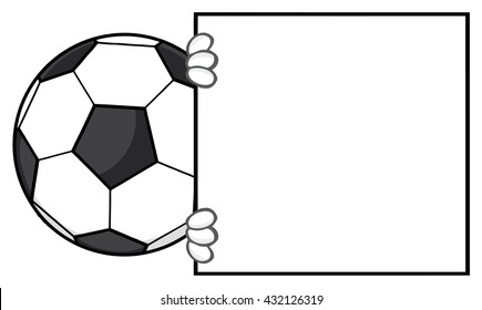 Soccer Ball Faceless Cartoon Mascot Character Looking Around A Blank Sign. Vector Illustration Isolated On White Background