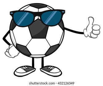 Soccer Ball Faceless Cartoon Mascot Character With Sunglasses Giving A Thumb Up. Vector Illustration Isolated On White Background