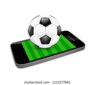 Soccer ball and soccer field on a smartphone screen. Watching soccer and betting online concept. Illustration isolated on white background.