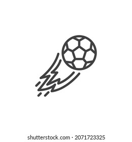 Soccer ball with fire line icon. linear style sign for mobile concept and web design. Flying burning football ball  outline vector icon. Symbol, logo illustration. Vector graphics