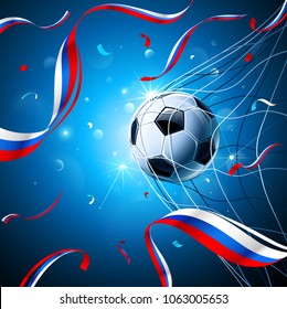 Soccer Ball with Flag of Russia and Confetti on a Blue Background. Vector illustration