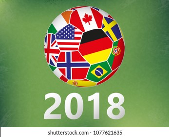 soccer ball with flags any countries on abstract green background. football world. realistic style. vector illustration.
