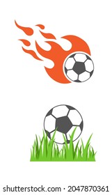 soccer ball in flame fire buening and green grass icon