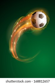 Soccer ball in flames and lights against black background. Vector illustration.