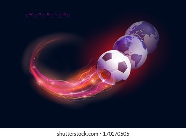 Soccer ball in flames and lights against black background. Vector illustration.