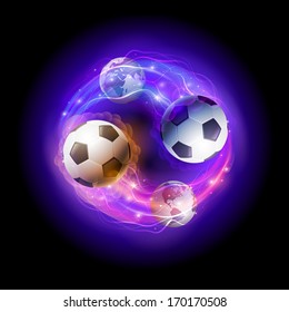 Soccer ball in flames and lights against black background. Vector illustration.