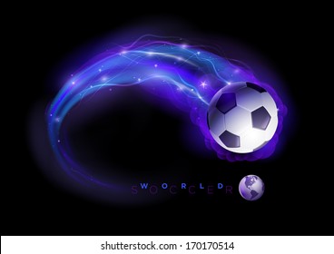 Soccer ball in flames and lights against black background. Vector illustration.