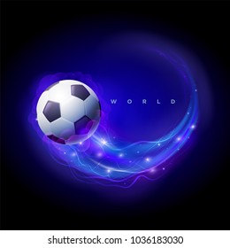 Soccer ball in flames and lights on black background. Concept vector illustration.