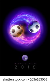 Soccer ball in flames and lights on black background. Concept vector illustration.
