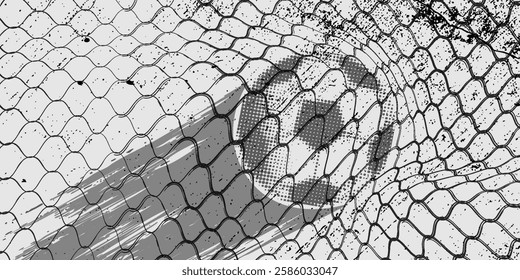 Soccer ball flew into the goal. Soccer ball bends the net, against the background of flashes of light. Soccer ball in goal net on blue background. A moment of delight.