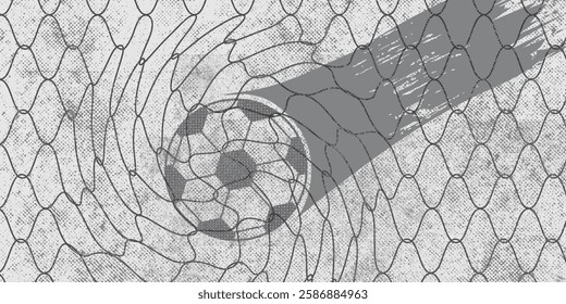 Soccer ball flew into the goal. Soccer ball bends the net, against the background of flashes of light. Soccer ball in goal net on blue backgroundvector eps 10.