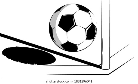 soccer ball flies into the corner flag of football field. Soccer tournament. Sport equipment. Background for design sport competitions. Black and white contrast vector