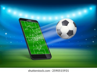 Soccer ball flies out of smartphone screen. Game tactics on device screen. Against the background of a football stadium. Vector illustration