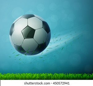 Soccer ball flying in air with grass. Football background. Eps10 vector illustration