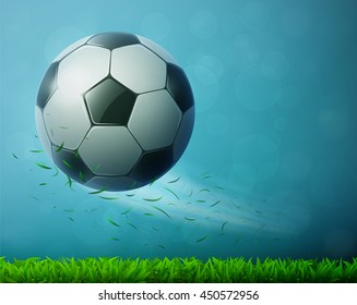 Soccer Ball Flying In Air With Grass. Football Background. Eps10 Vector Illustration