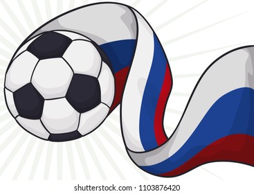 Soccer ball flying high up with a waving Russia flag for international football championship.