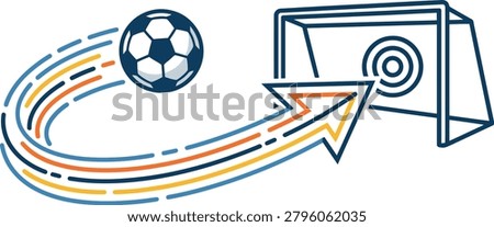 Soccer ball flying into goal post with motion trail, football sports target concept vector, athletic achievement and scoring success illustration