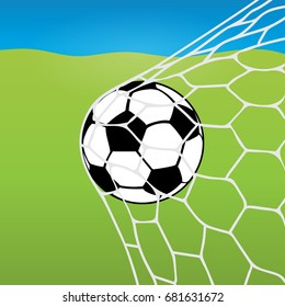 Soccer ball flying into the net, ball in goal against the background of a football lawn and blue sky. Vector illustration