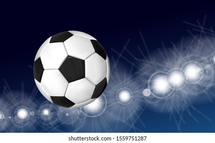 Soccer ball flying over the evening sky in the light of spotlights and flashes of a football stadium. Vector illustration
